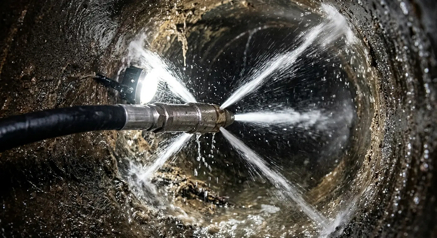 High-pressure hydro jetting nozzle cleaning sewer pipe for Storm Drain Cleaning in Wyckoff