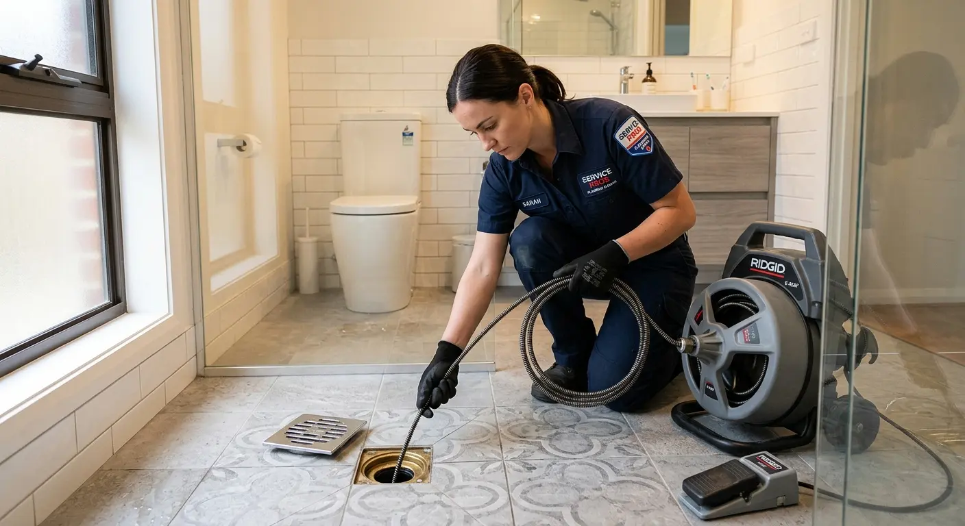Technician clearing a bathroom floor drain for Sewer Line Installation in Wyckoff
